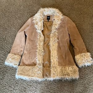 Vintage Genuine Suede Penny Lane Coat, Faux Fur Trim, 70’s Inspired, Large